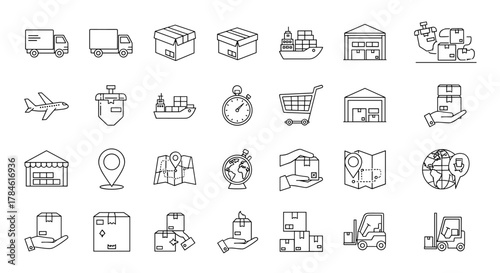 Comprehensive collection of delivery-related line icons, featuring transport vehicles like trucks and airplanes, cargo ships, shipping containers, warehouses, package boxes, maps, globes, shopping