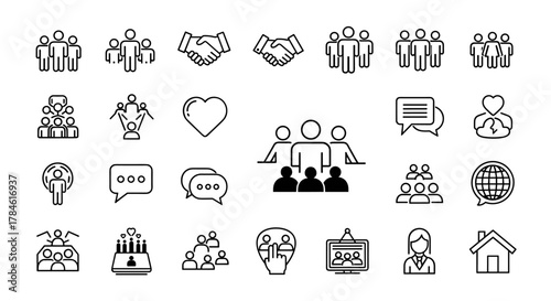 Community icon vector set in black flat and line stroke style, ordered line icon set on white background, representing teamwork, communication, connection, and social interaction, perfect for web and