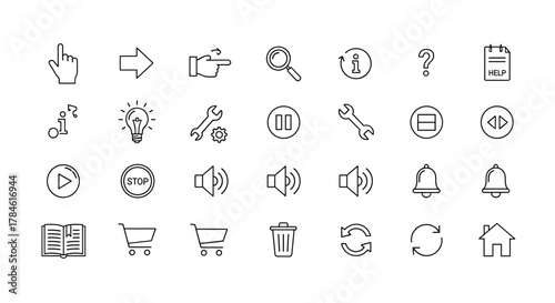A clean and modern line icon set featuring essential symbols like a hand cursor, arrow, pointing finger, magnifying glass, information icon, question mark, and help document, presented on a white