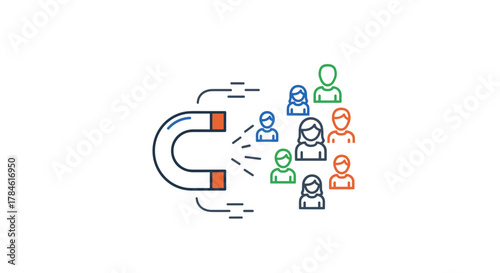 Customer retention concept, illustrated with a horseshoe magnet attracting a group of diverse people icons in blue, green, and orange, symbolizing business growth and marketing strategies, presented