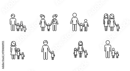 Minimalistic linear illustrations of family units, featuring icons of parents with children, suitable for graphics, apps, and conceptual designs. This vector cartoon collection showcases diverse