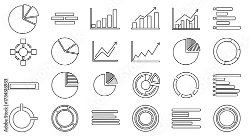 Collection of outline vector diagrams including pie charts, bar graphs, line charts, progress bars, and circular charts, perfect for infographics, articles, books, flyers, and banners, with editable
