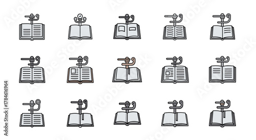 A collection of modern outline-style icons depicting open books under a musical staff, presented on a clean white background, suitable for diverse design applications including cards, apps, and