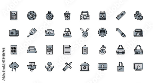 Set of 36 diverse flat icons for graphic design, apps, and websites, featuring a house, lock, computer, cloud, medical kit, and more, presented as a clean vector cartoon illustration on a white