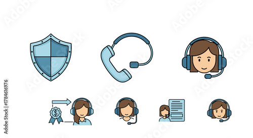 Set of minimalistic cartoon icons representing customer service and business security: a shield, a headset, a call center agent's face, a medal with a dollar sign and an arrow, a document, and
