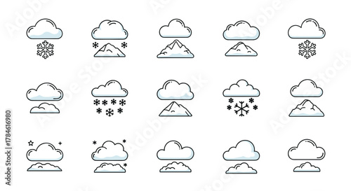 Collection of linear outline icons representing various weather conditions, including snowfall, snow on mountains, and layered clouds, designed for graphic and web design, apps, adverts, and various