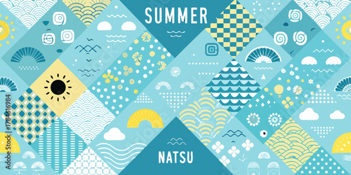 Vibrant geometric summer pattern with japanese inspired motifs and text