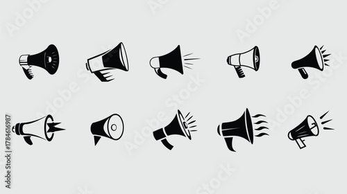 Collection of black and white megaphone illustrations on a gray background.