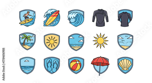 Collection of vibrant and colorful vector cartoon illustrations set within shield outlines, depicting various summer and beach themes including surfing, waves, palm trees, sunny skies, flip-flops