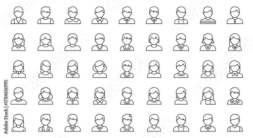 Collection of minimalistic line art user avatars, representing diverse individuals with simple, clean designs suitable for web, graphic design, apps, banners, social networks, and cards. This vector