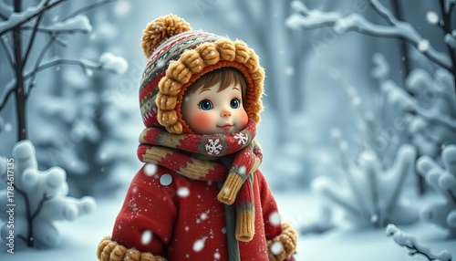 Adorable bundled figure in snowy winter wonderland, playful, scarf
