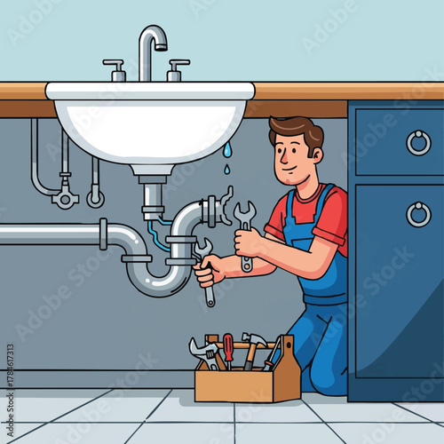 A diligent male plumber in blue overalls skillfully fixes a leaky kitchen sink, using wrenches from his toolbox to repair the dripping pipes.