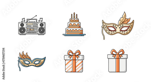 Modern flat line icon set for party and celebration design, featuring a vintage boombox, tiered birthday cake with candles, elegant masquerade masks, and gift boxes, perfect for web, apps, cards, and