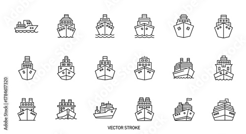 Collection of simple linear outline vector icons representing various passenger, cargo, and cruise ships, perfect for web, books, cards, and apps, with editable stroke and cartoon illustration style.