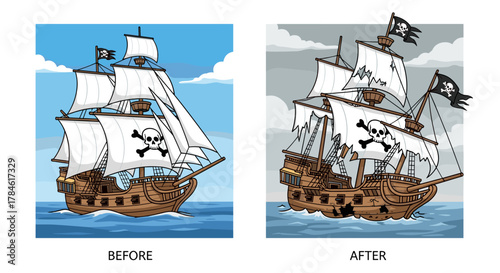 Pirate ship before and after sea battle set vector illustration. Cartoon isolated new galleon with skull and crossbones on sails and old corsair boat showing damage and wear from conflict
