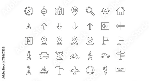 A comprehensive collection of linear navigation and travel icons, presented on a clean white background, featuring essential elements like compasses, maps, GPS markers, directional arrows, vehicles