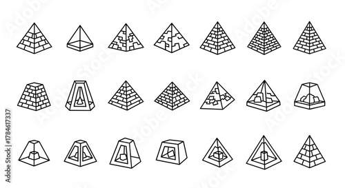 Collection of outline pyramid icons in a simple linear style, perfect for web, books, cards, and apps, featuring editable strokes and cartoon illustration, representing ancient structures and