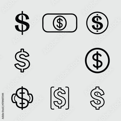 A collection of various dollar sign icons in different styles, representing currency and finance.