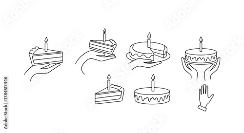Minimalistic line icon set featuring cakes and cake slices with candles held by hands, symbolizing celebration, birthdays, and sweet treats. This vector graphic collection is perfect for web design