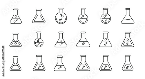 Set of thin line laboratory flasks icons, outline signs for graphic and web design, apps, adverts, various cards, vector cartoon illustration with a white background. Collection of scientific
