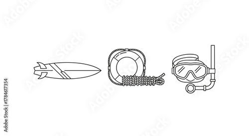 A minimalist, linear pictogram set featuring essential water sports and safety equipment: a sleek surfboard, a coiled lifeline with a lifebuoy, and a diving mask with a snorkel, perfect for web