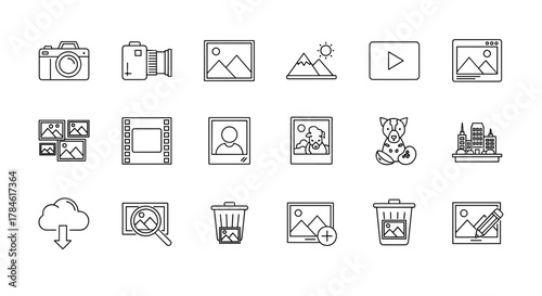 Set of picture-related line icons, outline signs for graphic and web design, apps, adverts, various cards, vector cartoon illustration with a white background. Includes cameras, photos, film, cloud