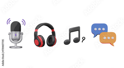 A vibrant 3D vector illustration showcases a collection of podcasting and communication icons, including a retro microphone with sound waves, modern headphones, musical notes, and chat bubbles in