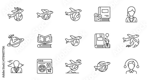 Collection of thin line icons depicting airplanes flying over planets and celestial bodies, symbolizing travel and exploration, with educational elements like books and people, perfect for web