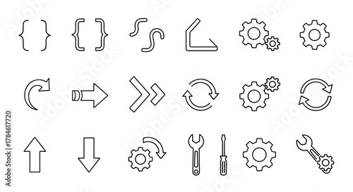 Collection of line icons representing programming brackets, various arrows indicating direction and rotation, gears symbolizing mechanics and industry, and tools like wrenches and screwdrivers