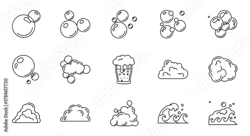 Set of isolated line icons representing bubbles, foam, and waves on a white background, perfect for graphic design, apps, and illustrations. Includes various bubble clusters, frothy beer, and dynamic