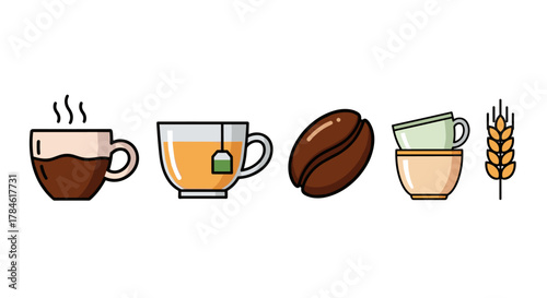 A vibrant and clean vector cartoon illustration featuring a collection of beverage-related icons, including a steaming cup of coffee, a cup of tea with a tea bag, a large coffee bean, stacked cups