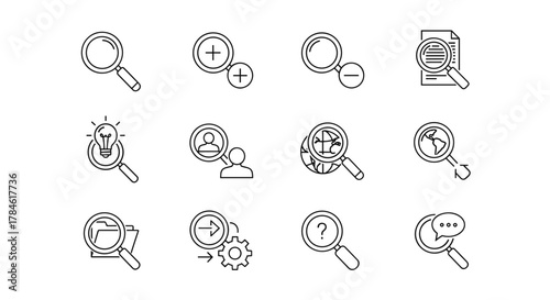 Collection of magnifying glass related line icons, outline signs for graphic and web design, apps, adverts, various cards, vector cartoon illustration. Set of search and zoom symbols, idea, document