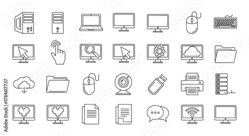 Collection of computer and monitor related line icons, including cursor and pointer outline signs, perfect for graphic and web design, apps, adverts, and various cards. This vector set offers a