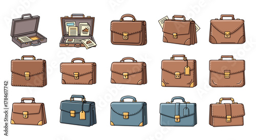 Collection of various cartoon briefcases and briefcases, including open and closed styles, in brown and blue colors, with documents and tags. Perfect for business, office work, and infographics