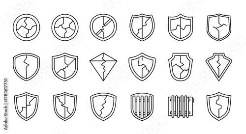 Collection of cracked shield icons and symbols, representing damage, vulnerability, and broken protection, in a clean linear vector style on a white background, ideal for graphic design, app