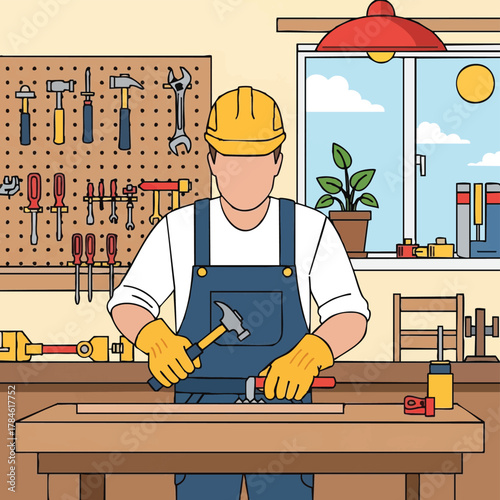 A skilled craftsman diligently works on a wooden project in his well-equipped home workshop, surrounded by various tools and bathed in natural light.