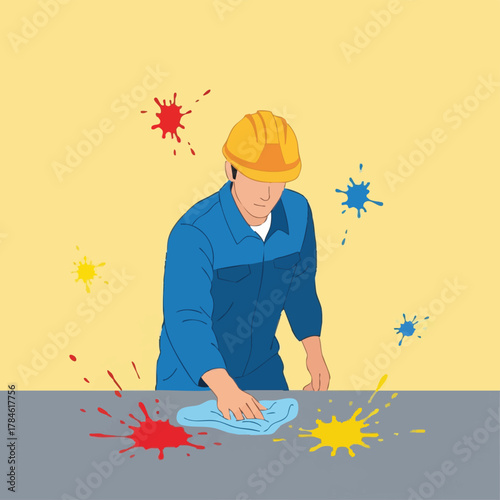 A worker in a hard hat diligently cleans up vibrant paint splatters from a surface, demonstrating responsibility and efficient problem-solving in a colorful work environment.