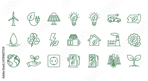 Collection of green energy outline symbols, including wind turbine, solar panel, electric car, light bulb with leaf, water drop, recycling symbol, battery, house, factory, and earth icon, perfect for