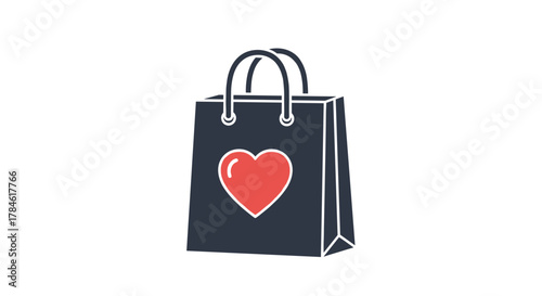 Stylized vector illustration of a dark blue shopping bag adorned with a prominent red heart symbol, symbolizing love, charity, and gifting. The clean, modern design is perfect for concepts related to