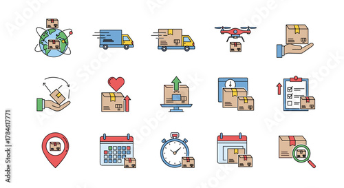 Global delivery icons set, featuring a planet with packages, trucks, drone delivery, hand holding a box, calendar, stopwatch, checklist, and magnifying glass, representing logistics and e-commerce