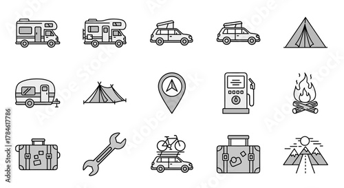 Collection of stylized line icons representing various aspects of travel and outdoor adventures, including motorhomes, campers, cars with roof racks, tents, suitcases, a wrench, a gas station, a