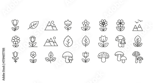 Collection of Simple Linear Icons Representing Nature and Parks, Featuring Stylized Flowers, Leaves, Mountains, and Mushrooms, Ideal for Graphic Design, App Interfaces, and Conceptual Illustrations
