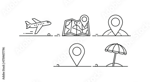 Set of minimalist line icons representing vacation and travel elements, including a plane, folded map with a pin, location marker on a hill, and a beach umbrella on a sandy island, perfect for