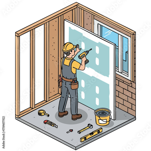 An illustration depicts a diligent worker securing drywall sheets to a timber frame structure, showcasing the detailed process of interior construction and renovation.