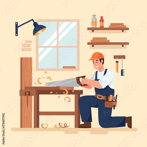 A skilled male carpenter diligently saws a piece of wood on a sturdy workbench, creating a shower of wood shavings in his well-equipped workshop.