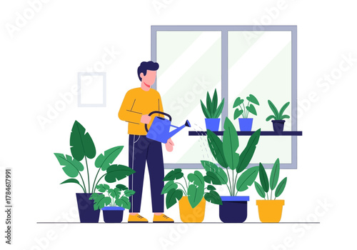 Illustration of a Man Watering His Collection of Houseplants Indoors in Front of a Window