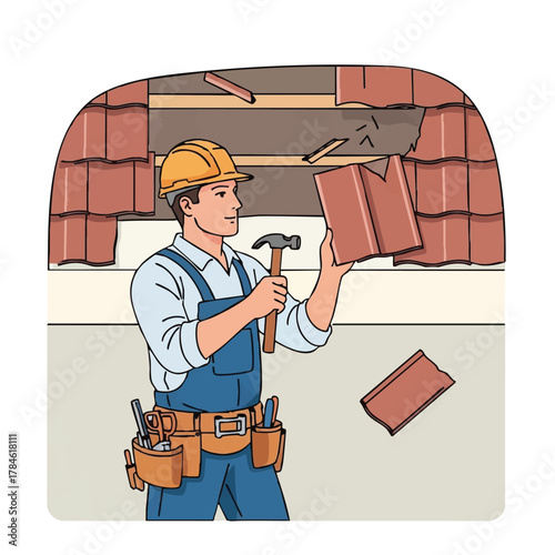 A skilled male roofer meticulously inspects and repairs a damaged rooftop, carefully replacing broken tiles to ensure structural integrity and weather protection.