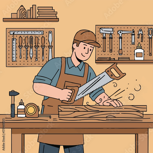 A skilled carpenter meticulously saws a wooden plank in his well-equipped workshop, demonstrating craftsmanship and dedication to his trade.