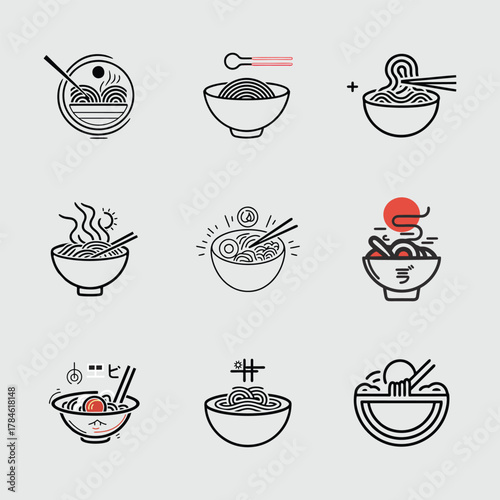 Nine minimalist line art illustrations of ramen bowls with chopsticks and various toppings.