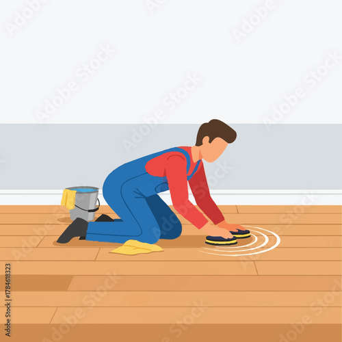 A person meticulously cleans and polishes a wooden floor, ensuring a spotless and gleaming surface with care and precision.